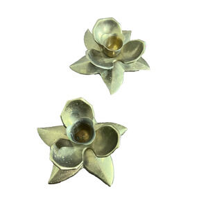 Set of 2 Vintage Pair Brass Coated Lotus Flower Candle Stick Holders